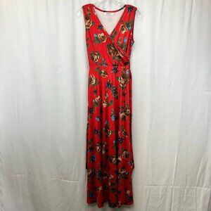 Comila Womens Faux Wrap Dress Red/Multi Maxi Floral Belted Sleeveless Size Small